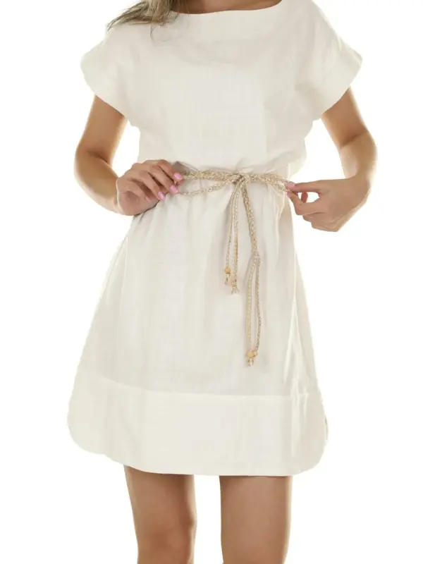 Rope Belt Linen Dress in ivory